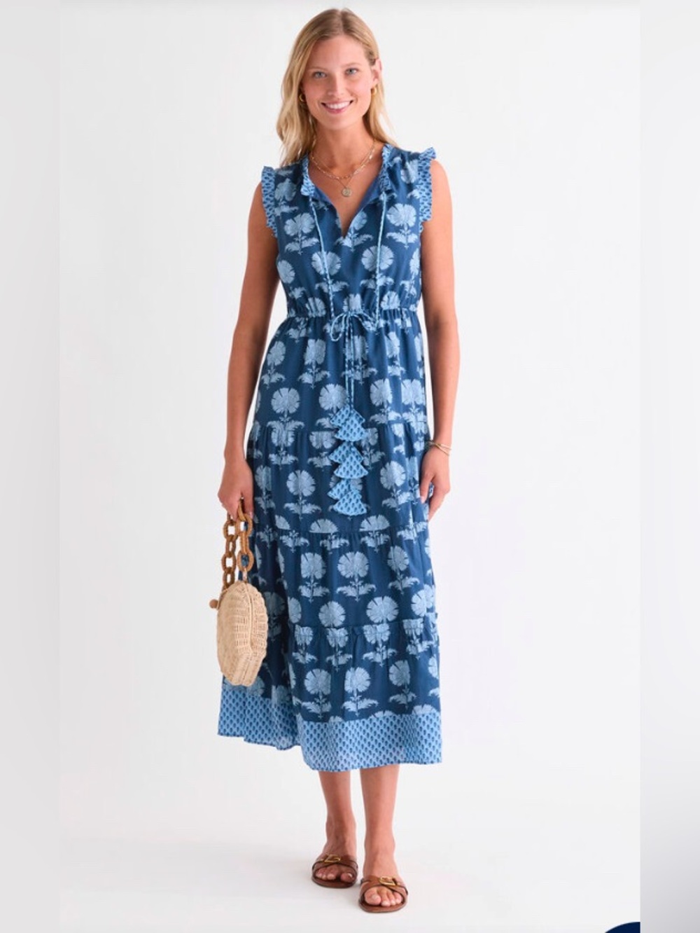 Vineyard Vines Blue Floral Tiered Maxi Dress with Tassel Tie